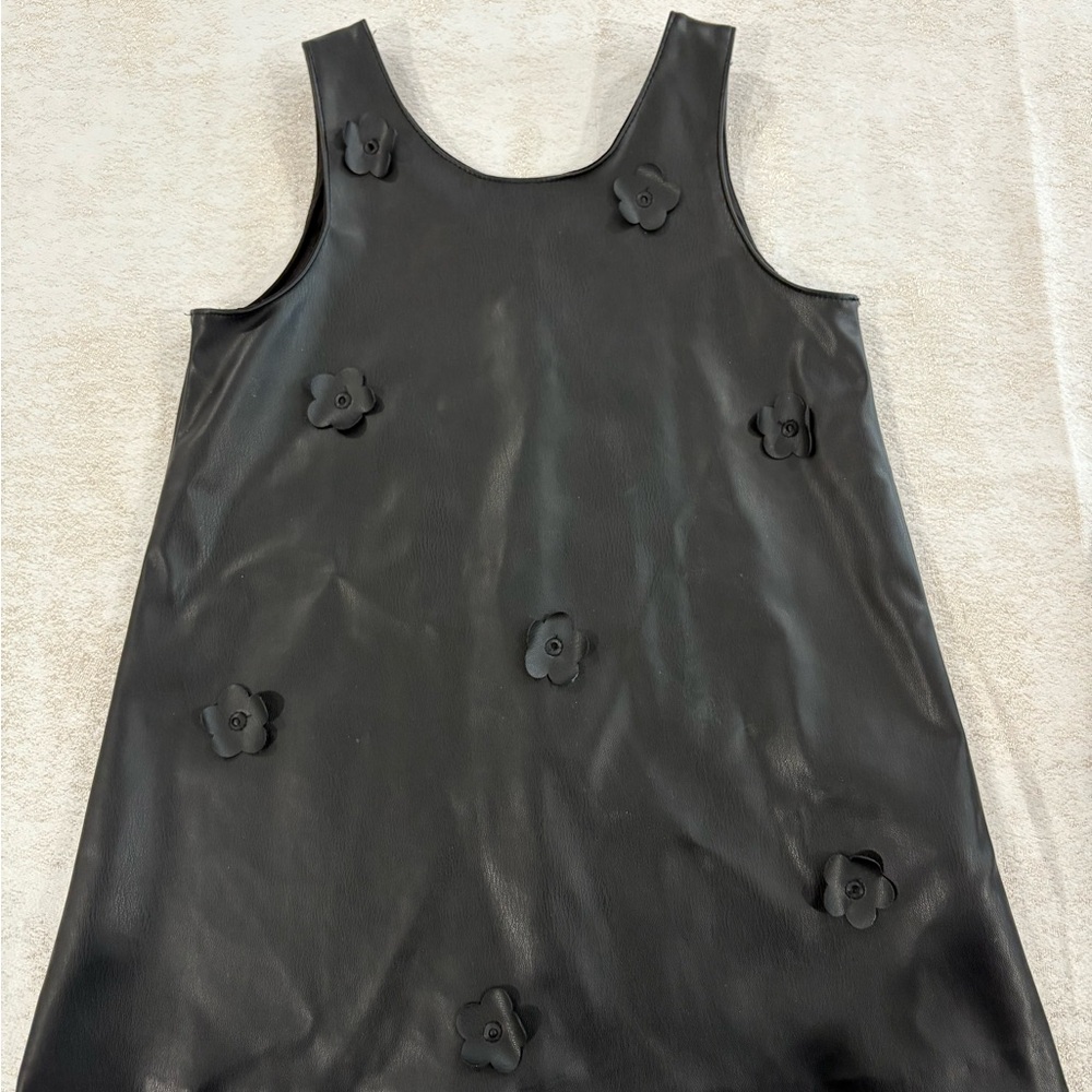Girls Black Faux leather dress with Floral Accents